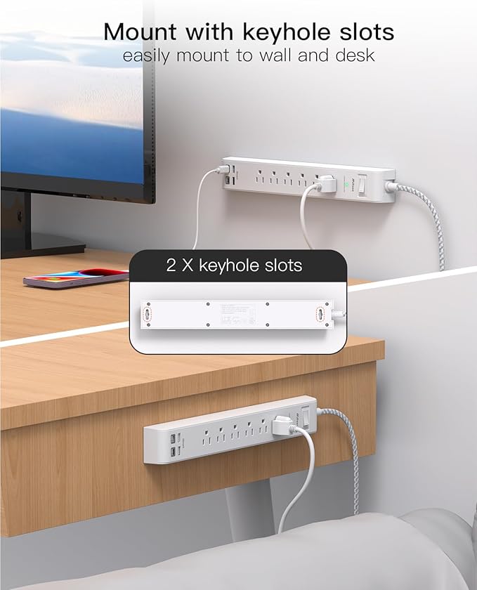 2 Pack Power Strip, 12FT Long Extension Cord, Surge Protector with 6 Outlets and 4 USB Ports (2 USB C), Flat Plug Overload Protection, Extension Cord 10+ ft, Wall Mount for Home Office Dorm College
