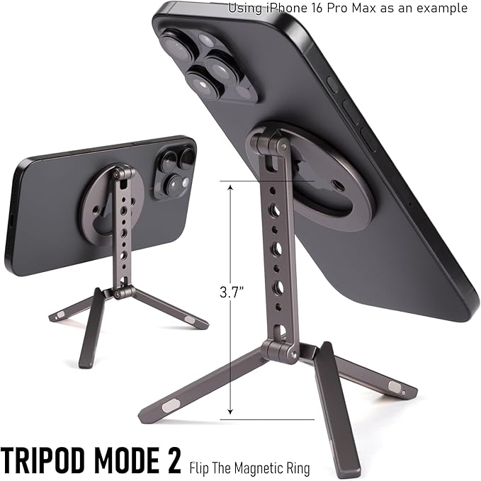 Magnetic Tripod for iPhone 12/13/14/15/16/17 & MagSafe Cases | Handy Phone Stand | 20 N52 Magnets Inside, Cold Shoe Mount, 1/4" Screw & Foldable Hook