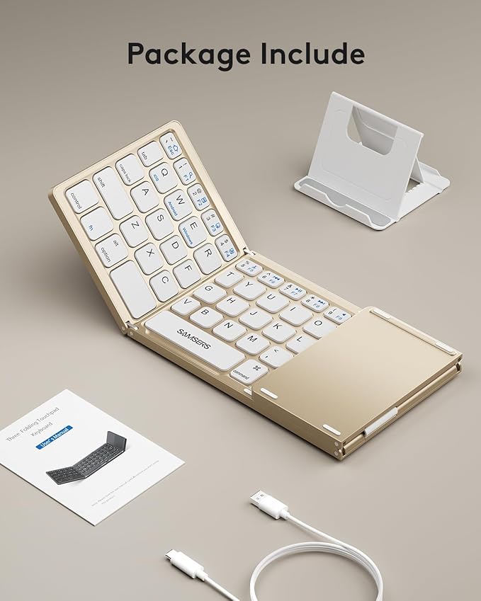 Samsers Foldable Bluetooth Keyboard with Touchpad - Portable Wireless Keyboard with Holder, Rechargeable Full Size Ultra Slim Pocket Folding Keyboards for Android Windows iOS Tablet & Laptop - Gold