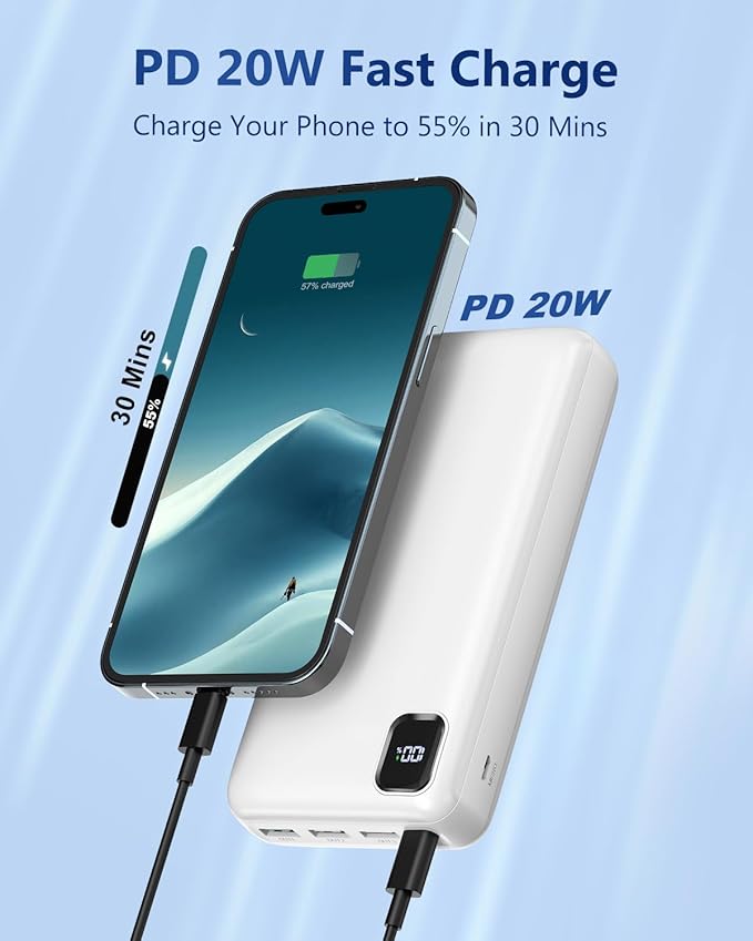 Portable Charger 50000 mAh Power Bank PD 30W and QC 4.0 PowerBank Fast Charging External Battery Pack with USB-C LED 3 Outputs & 2 Inputs Portable Charging for iPhone 15 14 13 pro, Samsung