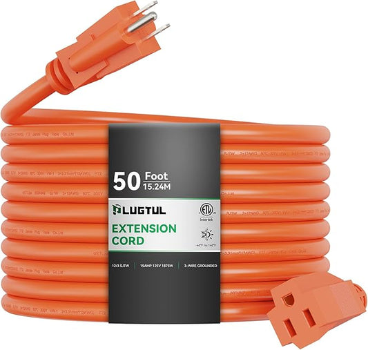 PLUGTUL 50 FT 12/3 Outdoor Extension Cord Waterproof, Heavy Duty 12 Gauge SJTW Extension Cord, 15A 1875W, ETL Listed, Great for Garden and Home, Orange