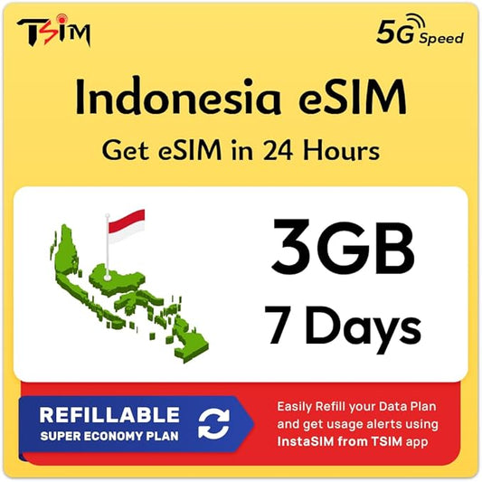 Indonesia eSIM | 7 Days 3GB | Auto Activation | QR Code Sent via Email in 24Hrs - Scan & Use Immediately | Hotspot Allowed | No Phone Number | Refillable Plan via Insta Sim App