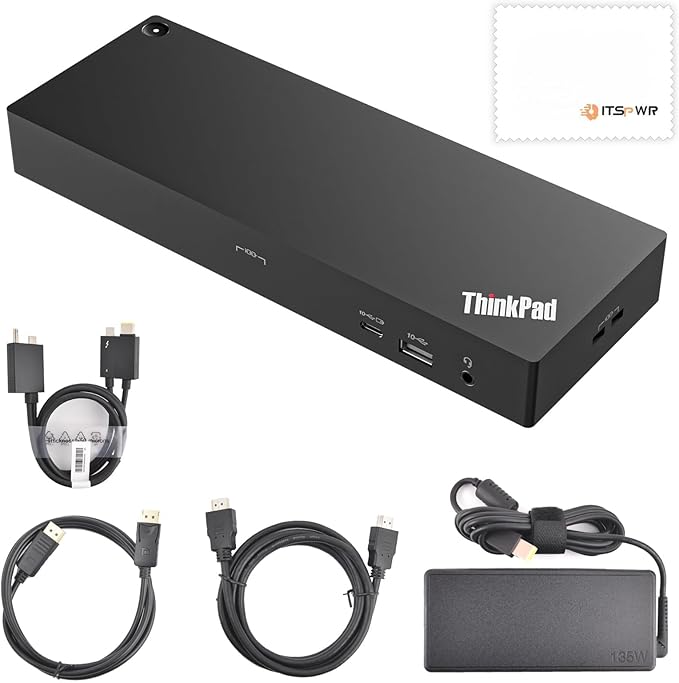 ThinkPad 40B00135 Thunderbolt 4 Universal Docking Station for Lenovo Laptops, 4 External Displays, Power Charging UP to 100W + HDMI 4K Cable + DP Cable+ ITSPWR Cleaning Cloth