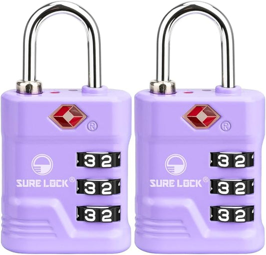 SURE LOCK TSA Locks for Luggage, TSA Approved Luggage Locks with Open Alert, 008 Key for High Security, Easy Read Dials, Zinc Alloy Body, Locker Lock for Suitcase, Gym, Travel. (Purple 2 pk)