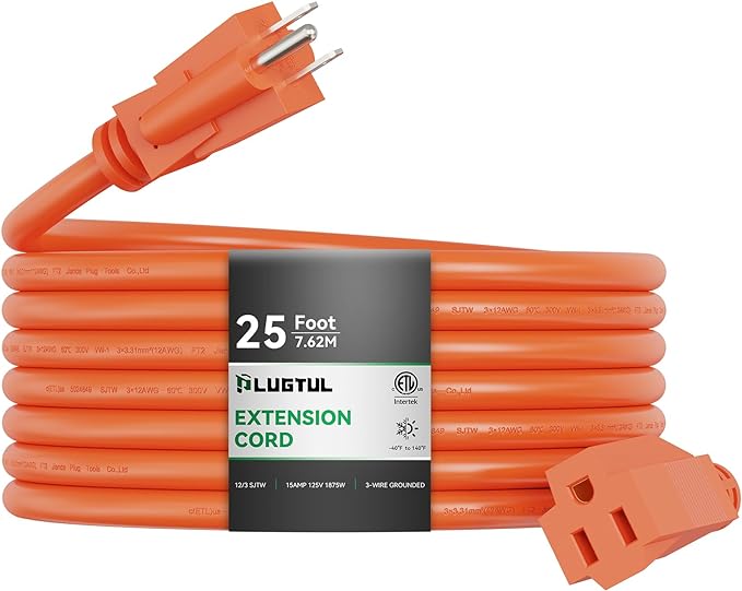 PLUGTUL 25 FT 12/3 Outdoor Extension Cord Waterproof, Heavy Duty 12 Gauge SJTW Extension Cord, 15A 1875W, ETL Listed, Great for Garden and Home, Orange