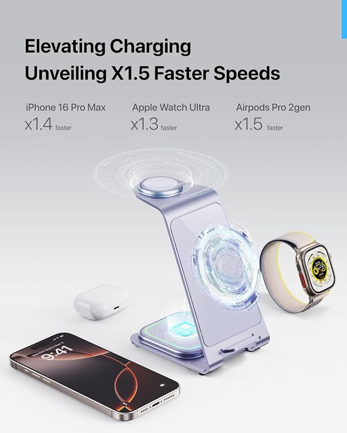 Intoval 3 in 1 Wireless Charging Station for iPhone 17 16 15 14 13 12 11 X Pro Max, Wireless Charger for Apple Watch Ultra 3 SE 9 8 7 6 5 4 3 2, for AirPods 4 Pro Pro 2 3 (Y93, Lavender)