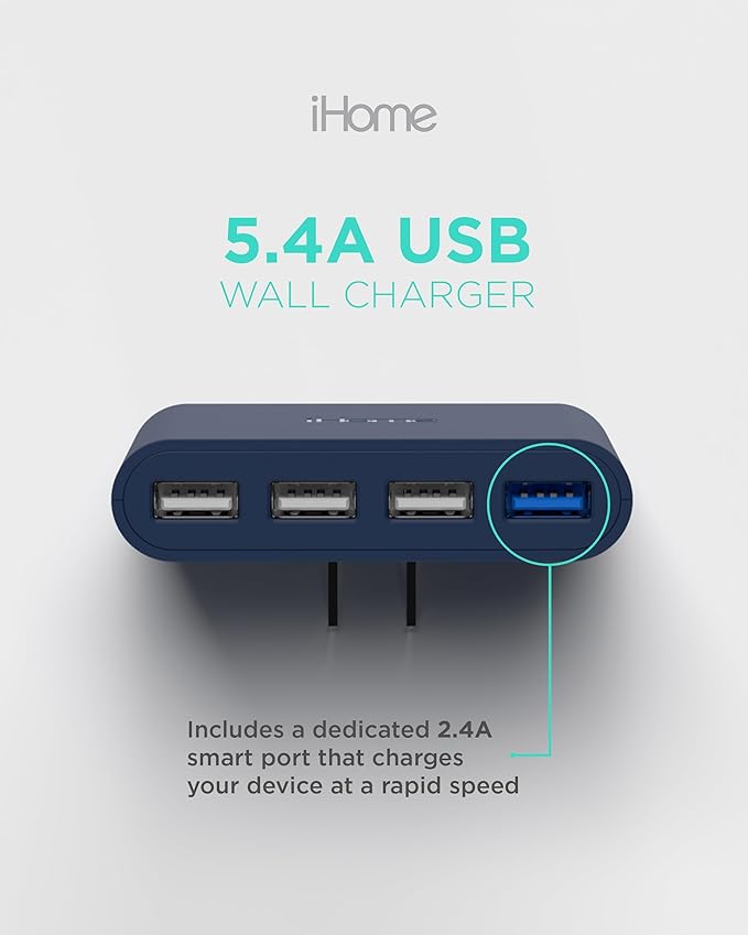 iHome Slim 4-Port USB Wall Charger, AC Pro Multiport Plug Adapter, Phone Charging Block with 4 Ports, Flat USB Wall Adapter for Home & Travel