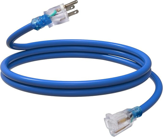 EP 6 Ft Outdoor Extension Cord, 12/3 SJTW Heavy Duty Waterproof Power Cable, 3 Prong Grounded Plug, Lighted End, for Lawn, Garden, Appliances, Blue