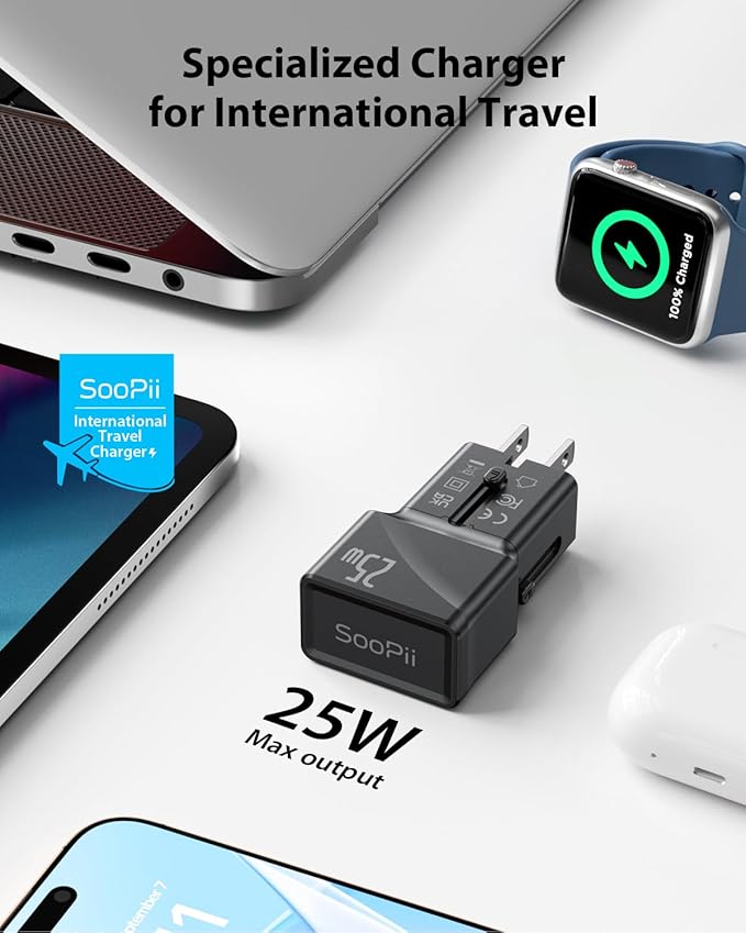 SooPii Gan USB C Charger 25W, 2 Port PD PPS QC Universal Travel Adapter, All-in-One Travel Charger with US UK EU AU Plug Adapter for Galaxy S25/S24/Note 20, iPhone 16/15/14, iPad, Pixel and More