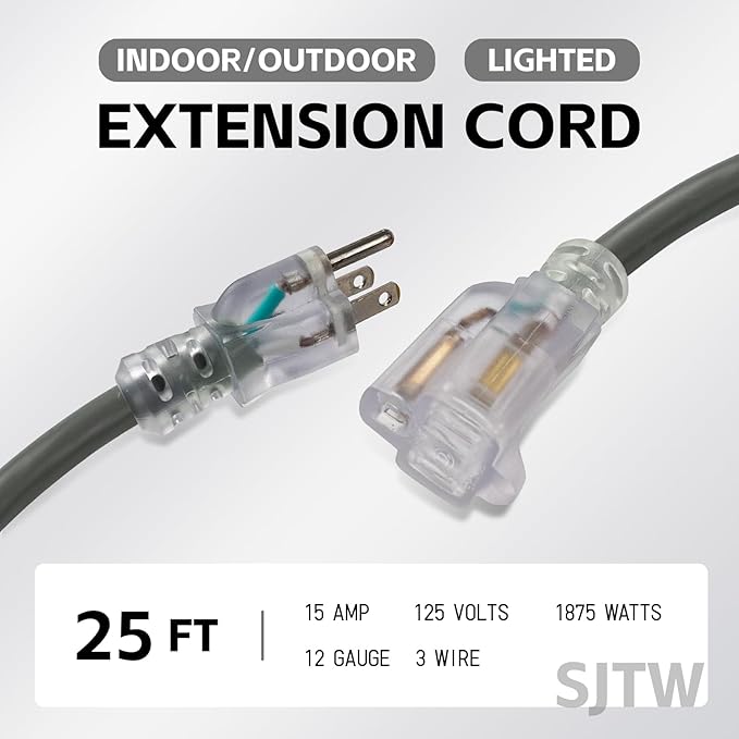 EP 2 Pack 25 Ft Lighted Outdoor Extension Cord - 12/3 SJTW Heavy Duty Grey Extension Cable with 3 Prong Grounded Plug - Power Cord for Lawn, Garden, Appliances