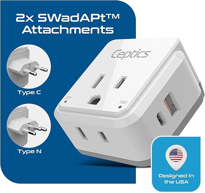 Ceptics Brazil Power Plug Adapter Travel Set, 20W PD & QC, Safe Dual USB & USB-C 3.1A - 2 USA Socket - Compact & Powerful - Also Use in Peru, Chile - Includes Type C, Type N Swadapt Attachments