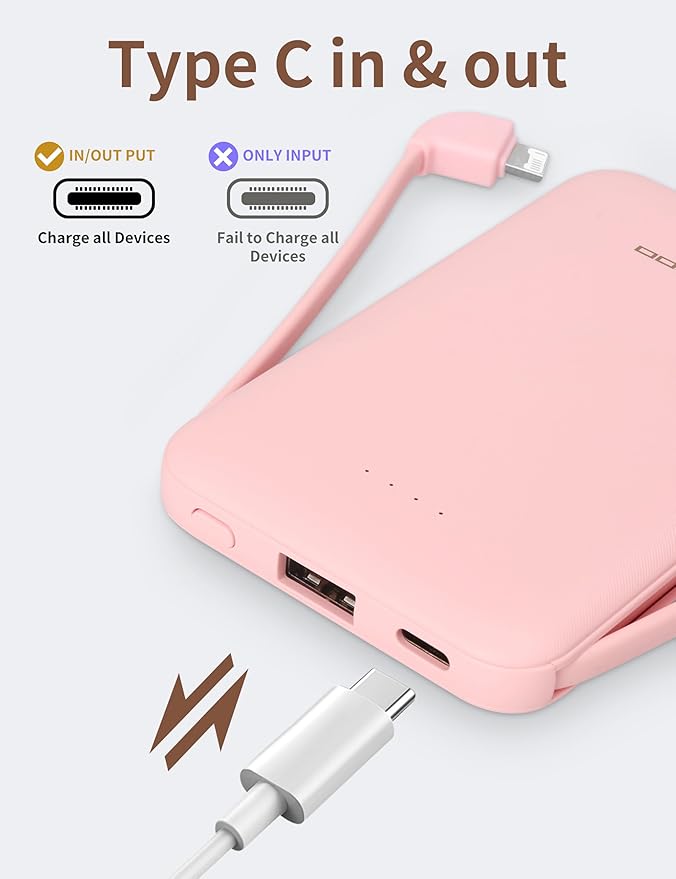 Power Bank, Slimmest 5000mAh Portable Charger with Built in USB-C Cables, USB C in&Out Charging Battery Pack, External Phone Powerbank Compatible with iPhone, Android, Pink