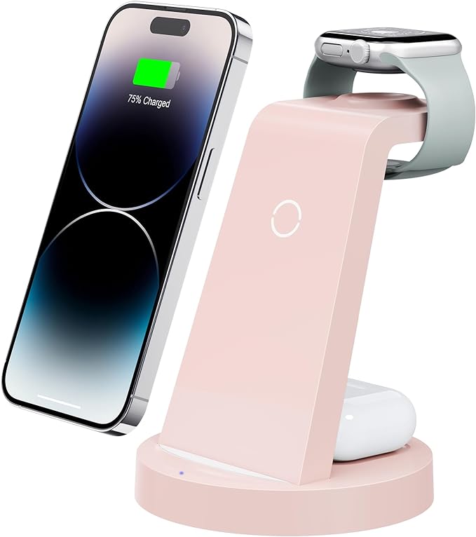Anlmz 3 in 1 Charging Station for iPhone, Wireless Charger for iPhone 17 16e 16 15 14 13 12 11 X Pro Max & Apple Watch - Charging Stand Dock for AirPods (Pink)
