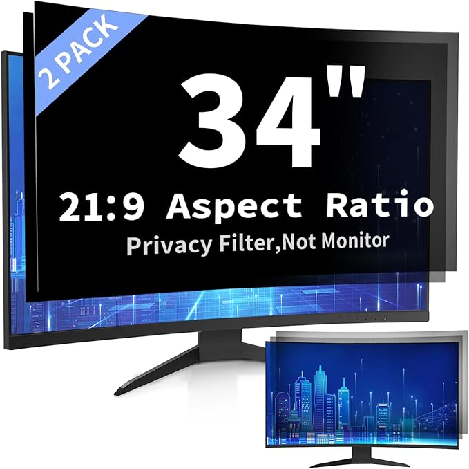 34 Inch Curved Computer Privacy Screen Filter for 21:9 Widescreen Computer Monitor Screen Protector Computer Screen Privacy Shield Anti Glare and Blue Light (2-Pack)