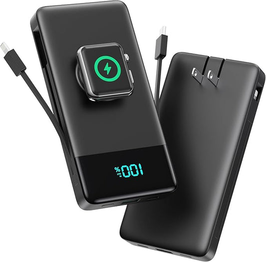 Portable Charger for iPhone with Built in Cables & Wall Plug,6-in-1 10800mah Power Bank With iWatch Charger,QC4.0+25W PD Fast Charging LCD Display Battery Pack for iPhone 16/15/14,Android,Apple Watch