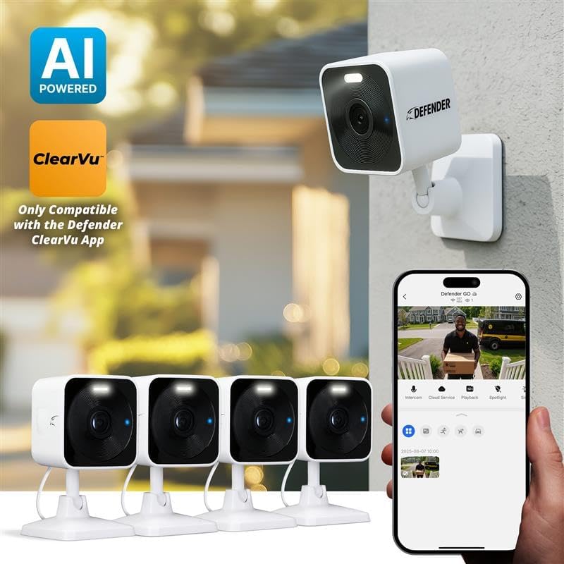 Defender GO 2K AI Powered Plug-in Indoor/Outdoor Home Business, Pet, Baby Camera, AI Detection, Dual Band Connection, Spotlight/Siren, Color Night Vision, 2-Way Talk, Works w/ClearVu App, 4 Pack