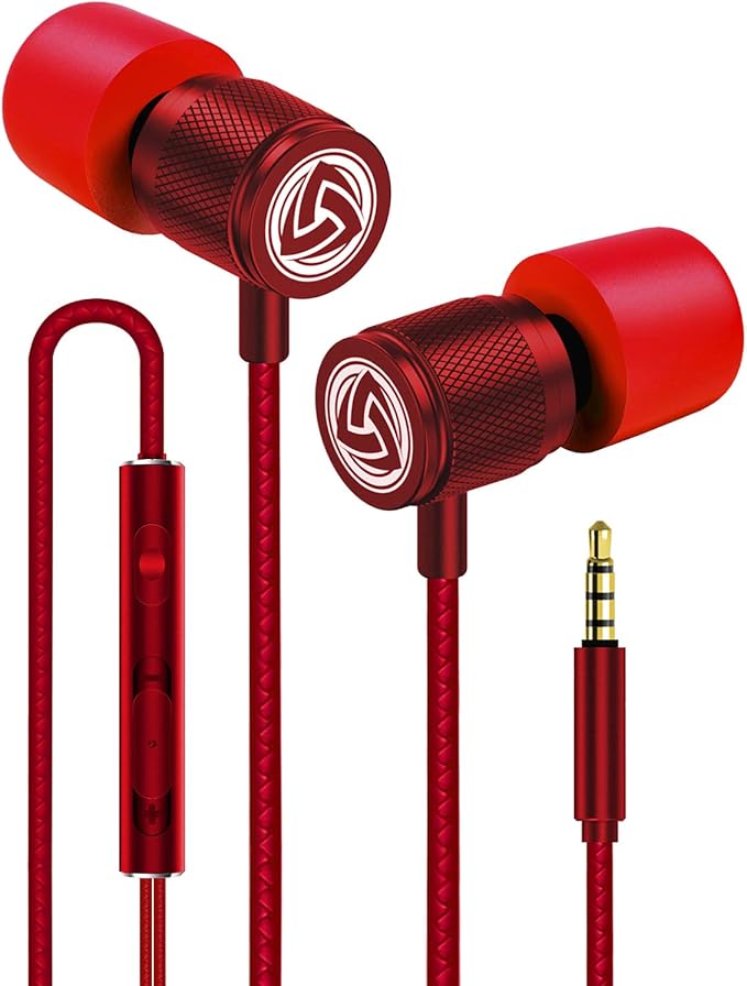 LUDOS Ultra Wired Earbuds in-Ear Headphones, 5 Years Warranty, Earphones with Microphone, Noise Isolating Ear Buds, Memory Foam for iPhone, Samsung, School Students, Kids, Women, Small Ears - Red