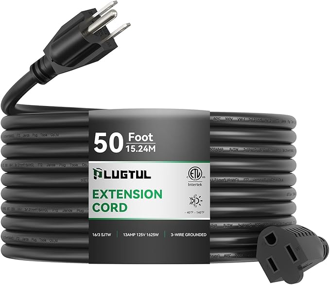 PLUGTUL Outdoor Extension Cord 50 FT Waterproof, 16/3 Gauge Black Heavy Duty 3 Prong Extension Cord, 13A 1625W SJTW, ETL Listed, Great for Garden and Home