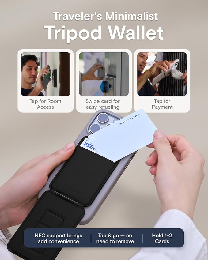 MOFT Phone Tripod Wallet for iPhone, Mulit-Angles, Lightweight & Portable Phone Stand, MOVAS Vegan Leather Magnetic Wallet, Strong Magnets, NFC Card Holder,Travel Essential, Jet Black (With Card Slot)