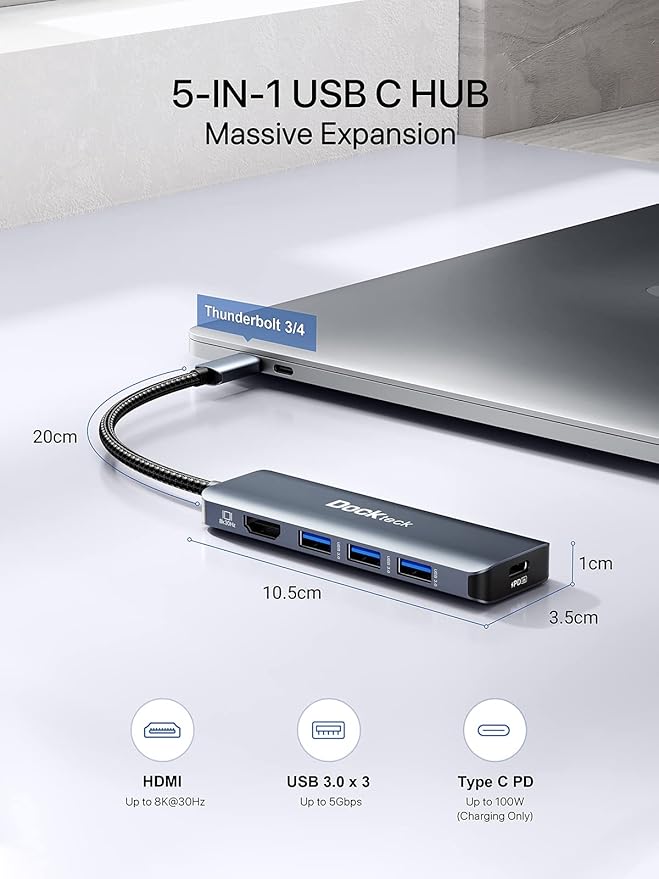 Dockteck 5-in-1 USB-C Multiport Adapter, 8K HDMI, 100W PD, 3 x USB 3.0 for Steam Deck, MacBook Pro/Air M1, iPad Pro/Air, Surface Pro 7/8/X