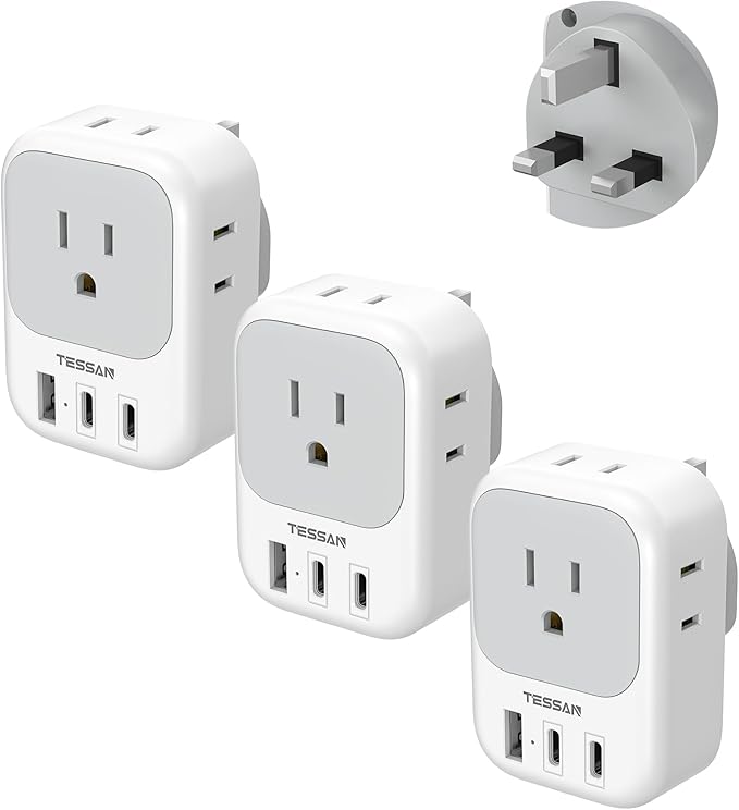 US to UK Plug Adapter 3 Pack, TESSAN Type G Adapter for Travel with 4 Outlets 3 USB (2 USB-C), Power Adaptor for US to UK Ireland London Scotland Kenya Dubai Singapore Hong Kong