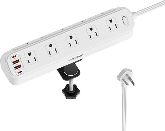 Desk Clamp Power Strip 6Ft, TESSAN Flat Extension Cord with Multiple Outlets, 10 Outlets with 4 USB (2 USB C), Flat Plug, 1625W, Charging Station for Gaming Cruise Travel Office Dorm Room, White