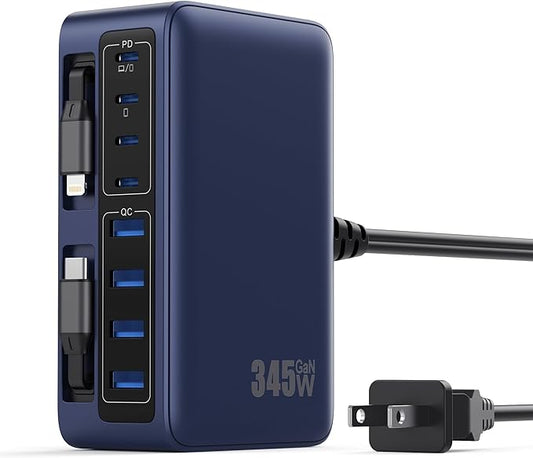345W USB C Charger Block with 2 Built-in Retractable Cables,10-in-1 GaN IV USB C Charging Station,PD 65W Laptop Charger Power Adapter for MacBook Pro/Air,DELL,iPhone17/16/15/14,Galaxy S24,Android etc