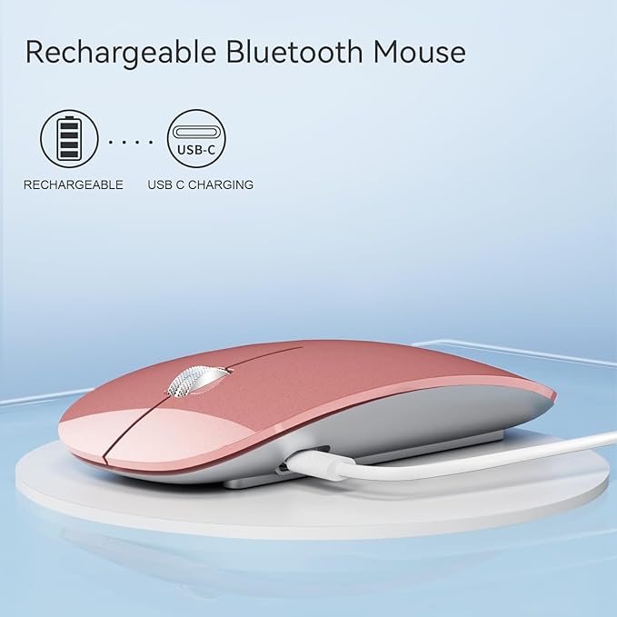 TENMOS M18 Bluetooth Mouse, USB C Rechargeable Wireless Mouse, Triple Mode (Dual Bluetooth+USB) Computer Silent Mice Portable with USB Receiver Type C Adapter for Laptop/MacBook/iPad/PC- Rose Gold