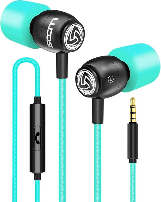 LUDOS Clamor Wired Earbuds in-Ear Headphones, 5 Years Warranty, Earphones with Mic, Noise Isolating Ear Buds, Memory Foam for iPhone, Samsung, School Students, Kids, Women, Small Ears - Turquoise