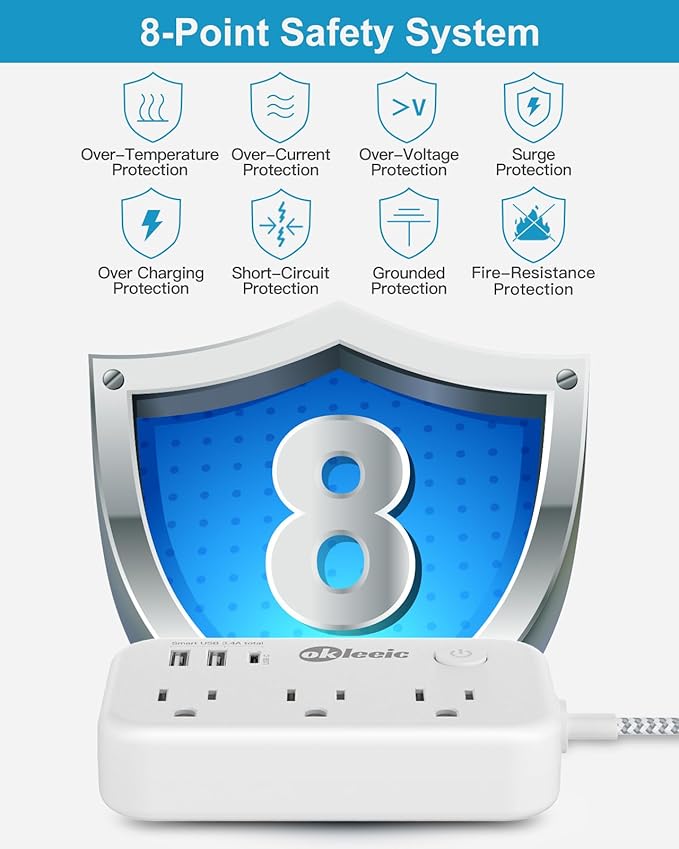 Small Extension Cord 5 ft - Flat Plug Power Strip Surge Protetor with 3 AC Outlets 3 USB (5V/3.4A 17W) Charging Ports, Multi Plug Outlet Splitter for Home Bedroom Hotel Office Desktop Accessories