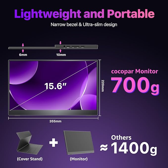 cocopar Portable Monitor 15.6'' 4K UHD 60HZ 145% sRGB Travel Monitor with USB-C HDMI Portable Screen for Laptop MacBook Surface PC PS4/5 External Display with Kickstand, VESA Mountable