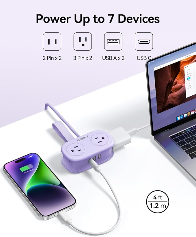 ORICO 4FT Purple Travel Power Strip with 4 AC Outlets, 2 USB-A Ports, and 1 USB-C Port, 45° Flat Plug Extension Cord with Non Surge Protector for Travel/Home/Dorm/Office-AP3