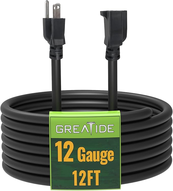 12 Ft Outdoor Extension Cord - 12/3 SJTW Heavy Duty Black Extension Cable with 3 Prong Grounded Plug - Power Cord for Lawn, Garden, Appliances