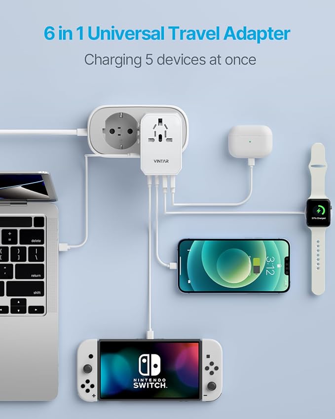 Universal Travel Adapter, VINTAR 70W GaN International Power Adapter with 5 USB Ports (3 USB-C), All-in-one Travel Essentials Plug Adaptor, Travel Adapter Worldwide for UK/EU/USA/AUS, White