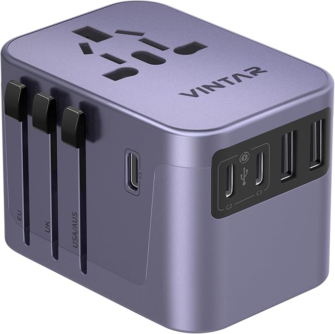 Universal Travel Adapter, VINTAR International Power Adapter with 6A 3 USB C and 2 USB Ports, All in One Travel Essentials Plug Adapter, Worldwide Outlet Converter for Europe UK USA AUS(Type C/G/A/I)
