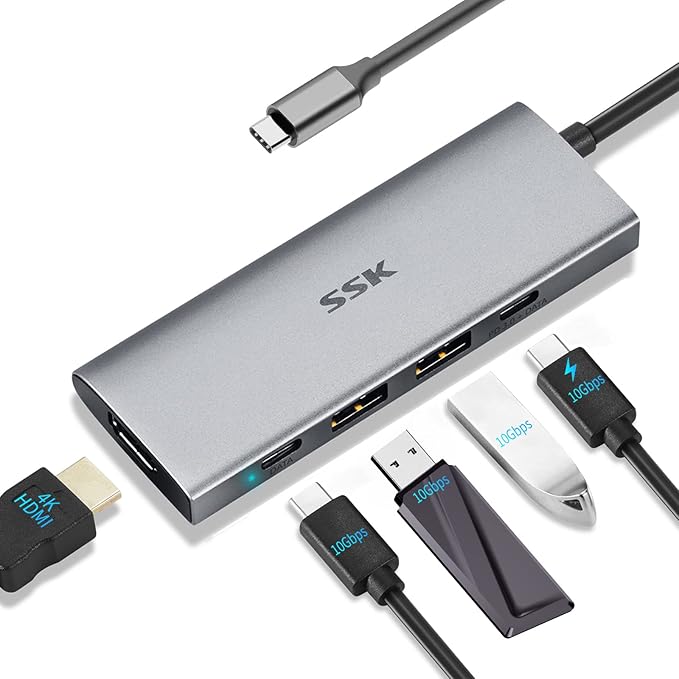 SSK 100W USB-C HUB, USB3.2 Gen 2 10Gbps 5 in 1 Type C Multiport Adapter with 4K HDMI, 2 USB C with 1 PD Powered, 2 USB A 3.2 Gen2 Ports, SuperSpeed USB Dock for Laptop MacBook Pro Air Dell Hp Lenovo