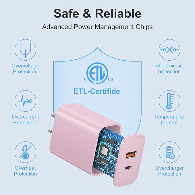 USB C Charger Block Charging Block Type C Charge 20W Wall Chargers 4 Pack for iPhone 16/16 Plus/16 Pro/16 Pro Max/iPhone 15/15 Pro/15 Pro Max/14/13/12 Pro/Samsung//Android(Pink)