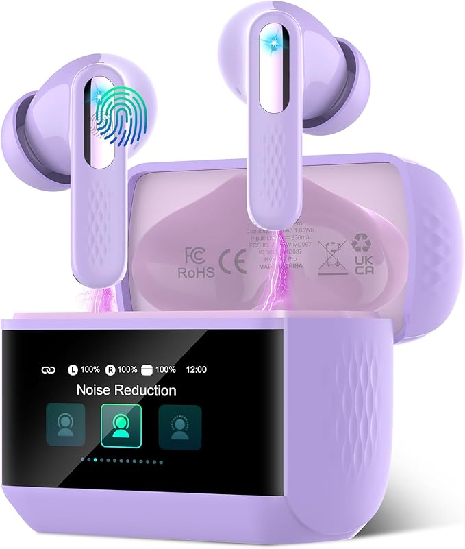 Wireless Earbuds, Bluetooth 5.4 Headphones with Multifunction Touch Screen, 48H Deep Bass Stereo Ear Buds, 5 EQ Modes, ANC/ENC Noise Cancelling, Transparency Mode, IPX7 Earbuds, Purple