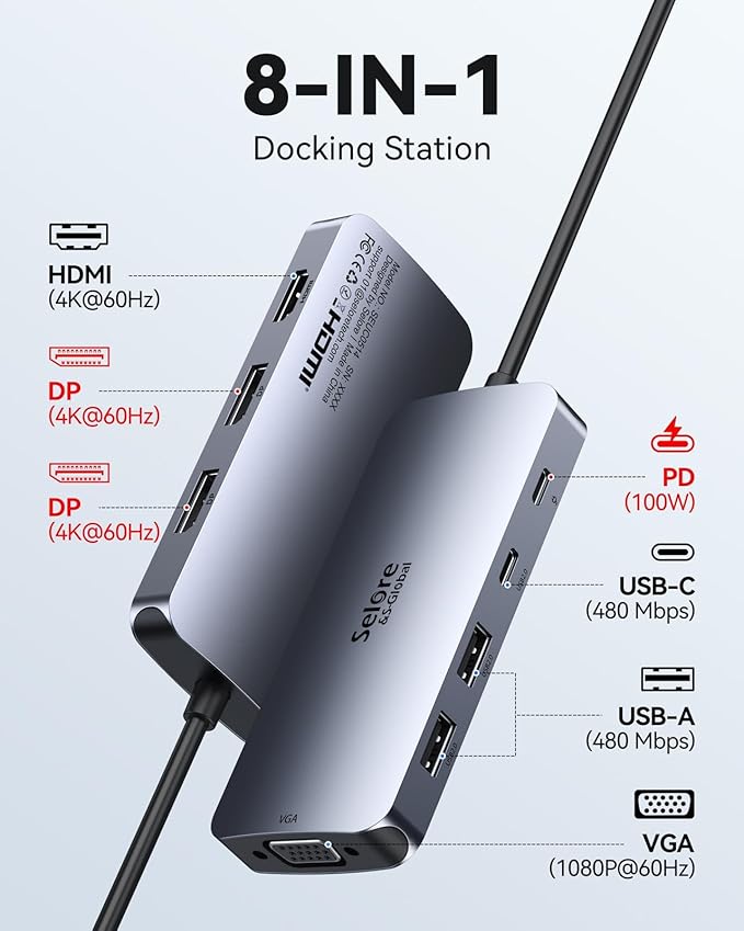 USB C Docking Station Dual Displayport Monitor, USB C Hub Displayport with 2 DP, HDMI, VGA, PD Charging, USB A&C 2.0 Ports Multi Monitors Adapter for Dell/HP/Lenovo, etc