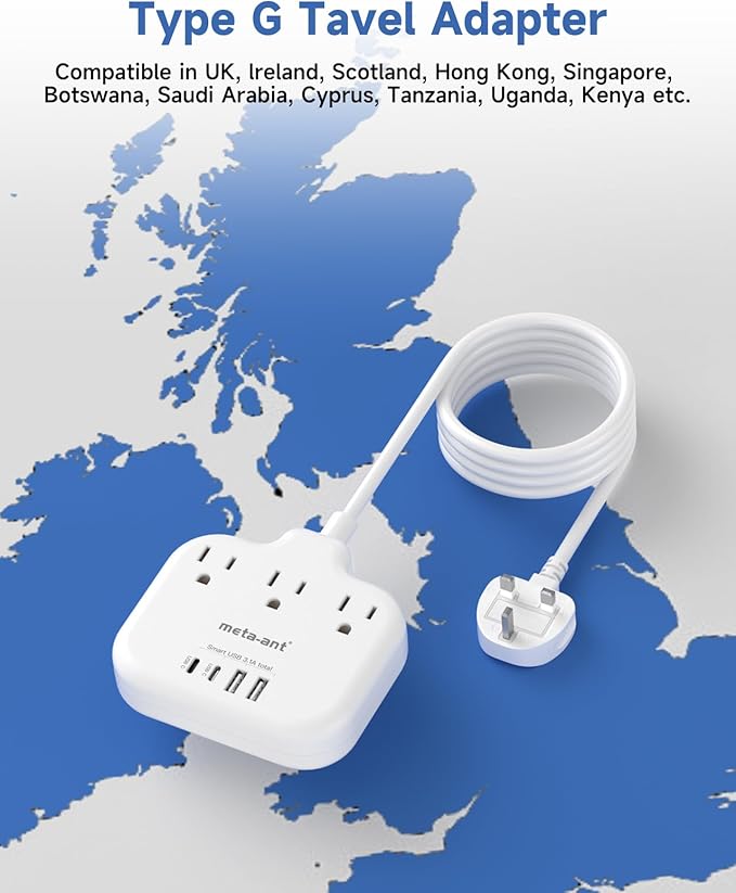 Type G Adapter for Travel,meta-ant US to UK Travel Adapter with 5ft Extension Cord,3 Outlets 4 USB(2 USB-C), Type G UK Ireland Travel Plug Adapter to British Scotland England London Hong Kong Dubai