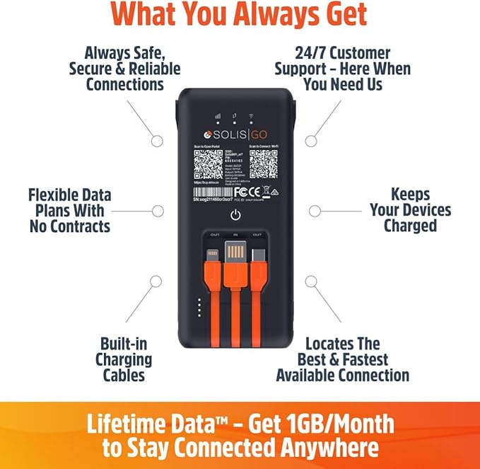 SIMO Solis Go – 4G LTE Hotspot and Power Bank | Includes Lifetime Data (12GB Per Year) and 10GB Global Data | Multi-Carrier | Internet in 140+ Countries | No Contract | Mobile Wi-Fi for Travel