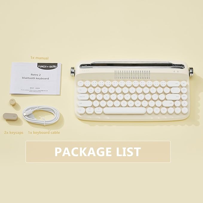 YUNZII Upgraded Wireless Typewriter Keyboard, Retro Aesthetic with Integrated Stand,Cute Round Keycaps, USB-C/Bluetooth Connection for Table, Phone, PC and Win/Mac/Android (B307, Ivory Butter)