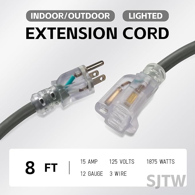 EP 8 Ft Lighted Outdoor Extension Cord - 12/3 SJTW Heavy Duty Grey Extension Cable with 3 Prong Grounded Plug - Power Cord for Lawn, Garden, Appliances