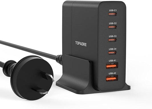 USB C Charger Block 80W, 6 Port Fast Charging Station Powered USB C Hub PD Charger for iPhone 15/14/13 Pro Max, iPad Pro/Air/Mini, Galaxy S24/S23, MacBook Pro/Air, Google Pixel, Black