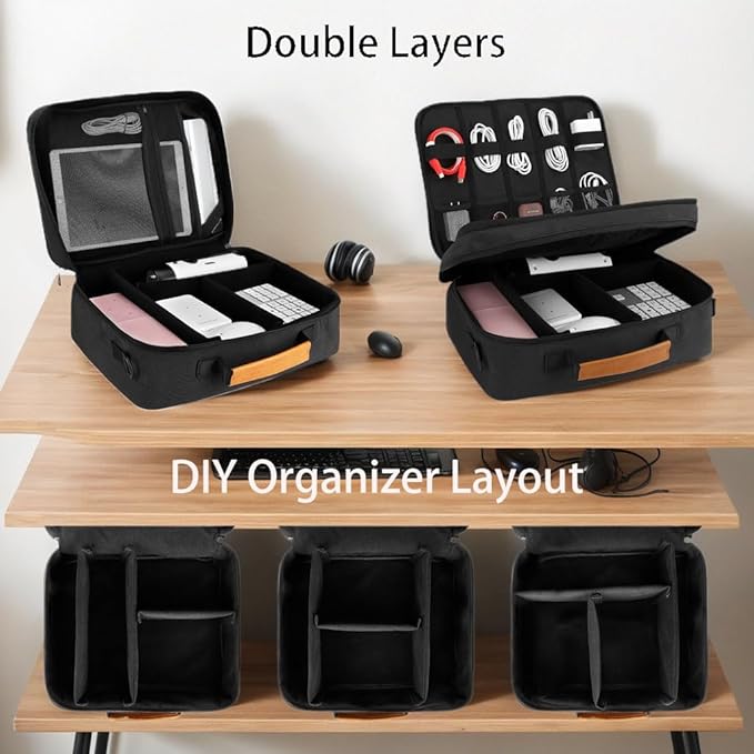 Large Electronics Organizer, Cable Organizer Bag with Shoulder Strap, Electronics Accessories Storage Carry Case, Double Layer Cord Bags for Cord &Tablet, Headphone, Charger, Tools, DJ Gifts