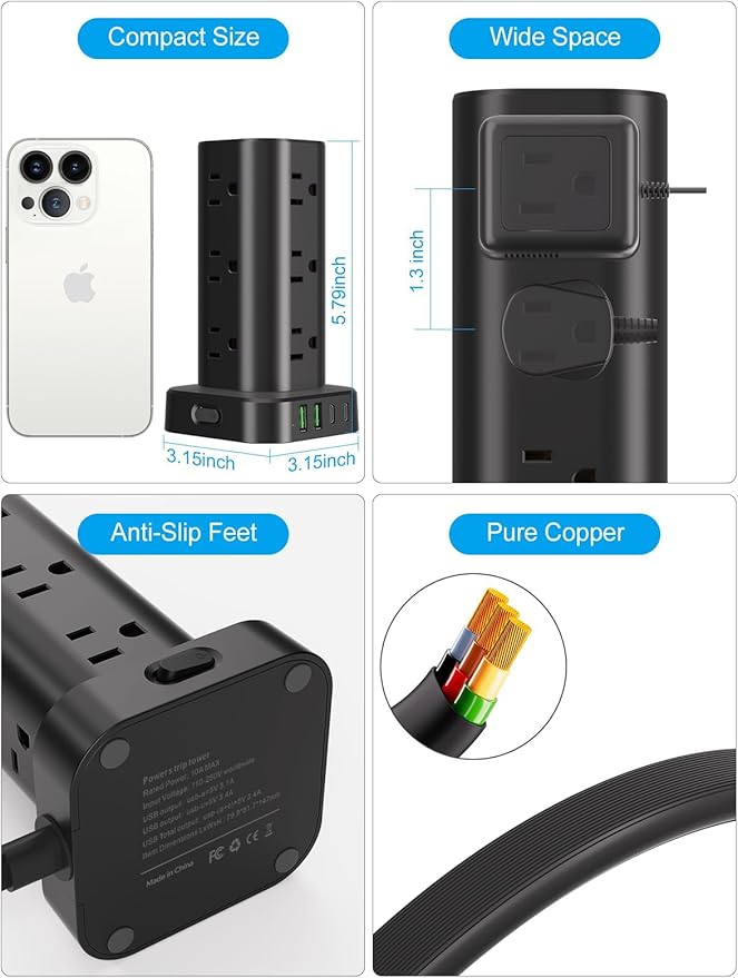 Power Strip Tower with Wireless Charger, Flat Plug Surge Protector Tower with 15FT Extension Cord, 12 AC Multiple Outlets, 4 USB (2 USB C),15W Wireless Charging Power Tower for Home Office Dorm, Black