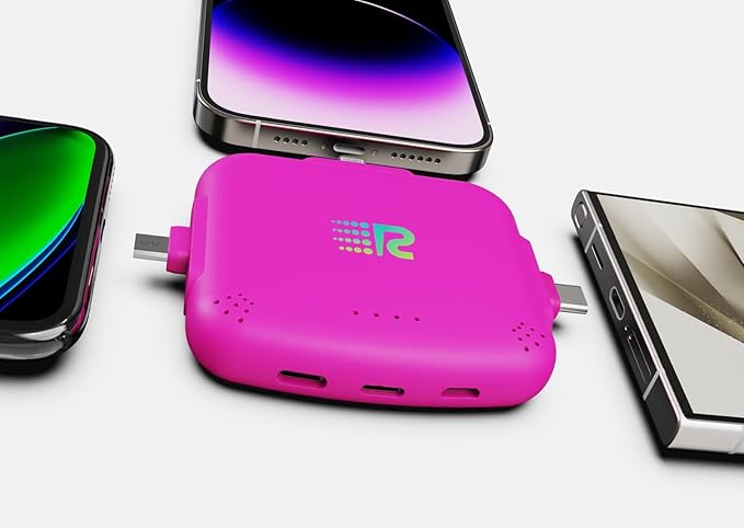 Rush Charge Universe 3 in 1 Portable Charger – 3300mah, 2.4A High-Speed Fast Charging Compatible with iPhone and Android Lightning, Type C, Micro-USB Charges 3 Devices at a Time Pre-Charged RC33 Pink
