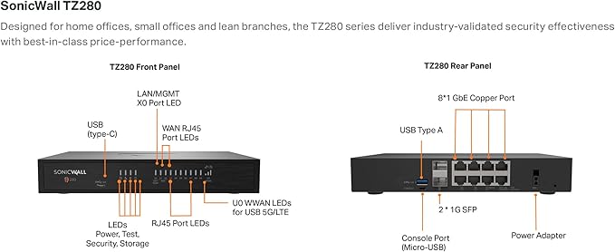 SonicWall TZ280 - Secure Upgrade - 3-Year Advanced Edition with 1 Year CSE (03-SSC-6933) - NGFW with 3YR Advanced Protection Service Suite - 940 Mbps Throughput, 750 Mbps Threat Prevention
