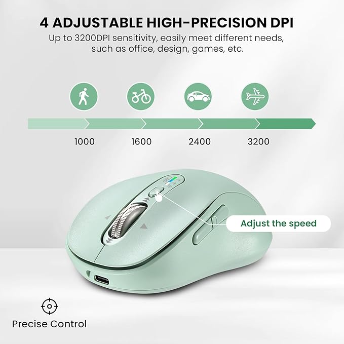 Wireless Bluetooth Mouse for Laptop,USB+BT×2,Quiet Ergo Computer Mouses,Metal 4-Way Super Scrolling,± 3200 DPI,Rechargeable,10 Button,Plug&Play,Multi Device Cordless Mice for iPad,Tablet,Mac,PC(Green)