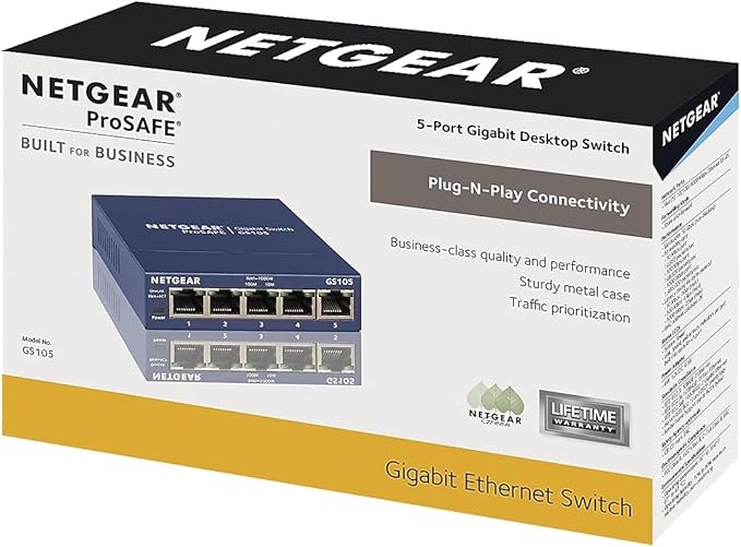 NETGEAR 5-Port Gigabit Ethernet Unmanaged Switch (GS105NA) - Desktop or Wall Mount, and Limited Lifetime Protection
